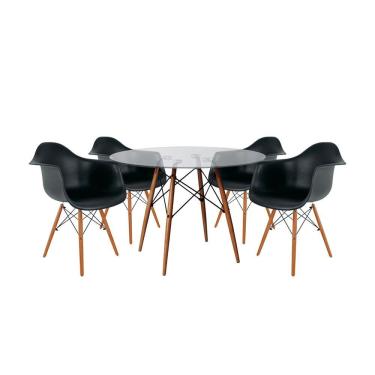 Imagem de Mesa Sala de Jantar Eiffel Eames Vidro Redonda 110cm Vidro com 4 Poltronas Pretas Base Madeira