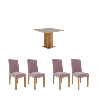 Imagem de Conjunto Mesa de Jantar 4 Cadeiras MDF Cimol Branco Rosa