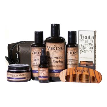 Imagem de Kit De Barba - Premium Com Necessaire - Mar - Viking Kit Com Shampoo, Balm, Modelador, Óleo, Condicionador, Pente de Barba e Necessaire
