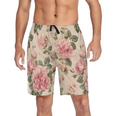 Imagem de Calças de pijama masculinas pijama curto novidade calça pijama com bolsos cordão, Rosas e folhas retrô em bege, XXG