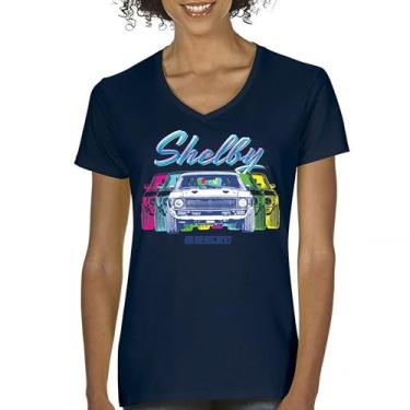 Imagem de Camiseta feminina Shelby GT500 1967 gola V American Legend Mustang Racing Retro Cobra GT 500 Performance Powered by Ford Tee, Azul marinho, P