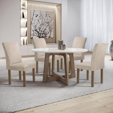 Imagem de Conjunto Mesa Arizona 120cm com 4 Cadeiras Canela Tampo Redondo Plus com Vidro Chocolate/Off White/Bege
