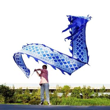 Imagem de 5 Meters (16.4 FT) Blue Scale Dragon Silk-Like Flowy Spinning & Shaking Poi, Outdoor Flinging Fitness Dragon Dance Wu Long 3D Dragon Ribbon Streamer with Adjustable Fiberglass Handstick + Travel Bag!