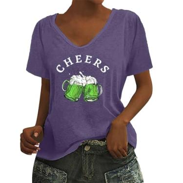 Imagem de Camiseta feminina do dia de São Patrício com estampa de trevo da bandeira irlandesa, túnica verde, camiseta de verão de manga curta, Roxa, 3G