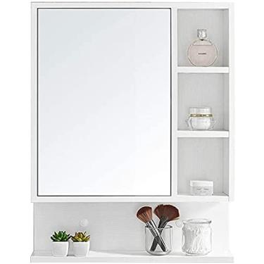 Imagem de Armário de espelho de banheiro de madeira, unidade de armazenamento montada na parede, armário de espelho com prateleira e barra de toalha (cor: B preto dourado) (A branco)
