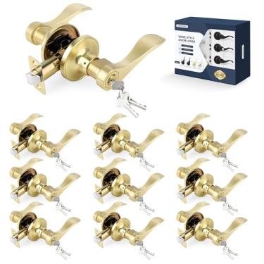 Imagem de LOQRON Maçaneta de porta estilo onda com chave, maçaneta de entrada com fechadura, pacote com 10 alavancas de entrada com chave, reversível para canhoto/direita para escritório ou porta da frente com