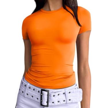 Imagem de Trendy Queen Camisetas femininas básicas de gola redonda, manga curta, tops bonitos de verão, camisetas justas, roupas Y2k 2024, Laranja, X-Small