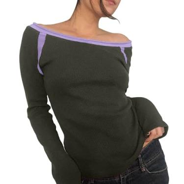 Imagem de Blusa feminina manga longa ombro de fora Y2k crop top slim justa sólida camiseta básica para sair camisetas casuais streetwear, Verde 3, M