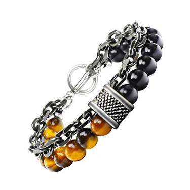 Imagem de KIOMOY Joias modernas de aço inoxidável com olho de tigre natural Obsidiana pulseira masculina/feminina cordão de contas de 10 mm, One Size, Pedra, Pedra