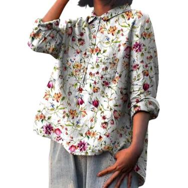 Imagem de Camiseta feminina de linho estampada com estampa de flores e gola de lapela e manga comprida solta, Bege, 4G