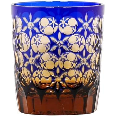 Imagem de Copos estilo japonês Edo Kiriko cortados à mão para limpar copo de vidro para uísque de vinho escocês Bourbon com caixa de presente 9 onças, azul