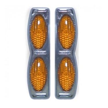 Imagem de Par Luminoso Oval Refletor Duplo Laranja Base Cromada para Porta Lateral Linha Leve e Pesada Carros e Caminhões - Olho de Gato Universal