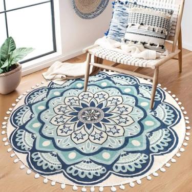 Imagem de Uphome Tapete redondo com círculo azul de 1,2 m com franja de pompom, antiderrapante, lavável, tapete de sala de estar, macio, fofo, mandala, florescendo, para quarto de criança, quarto, entrada,