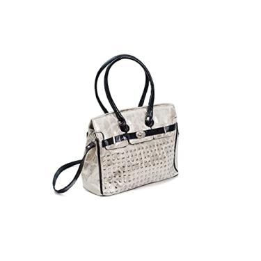 Imagem de Bolsa de couro, com rebites na frente, bolso divisor interno grande e bolso para celular - Cor: Dourada, Dourado, Large