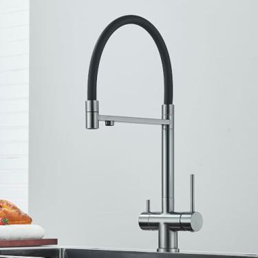 Imagem de Torneira de cozinha com filtro de água cinza, torneira de misturador quente e fria montada no deck, rotação de 360 graus, pistola cinza