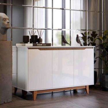 Imagem de Aparador Buffet Sala Flow 3 Portas com Pés de Madeira Branco com Freij