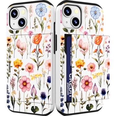Imagem de IWONE Capa compatível com iPhone 15 fofa com porta-cartões à prova de choque Slim Slot Phone 15 capas carteira para mulheres/elegante rosa peônia flor verão floral pastel