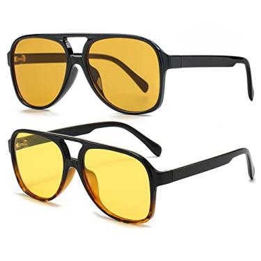 Imagem de NIDOVIX Óculos de sol aviador vintage clássicos polarizados para homens e mulheres armação grande retrô anos 70, Pacote com dois (laranja + armação preta e tartaruga/lente amarela transparente),