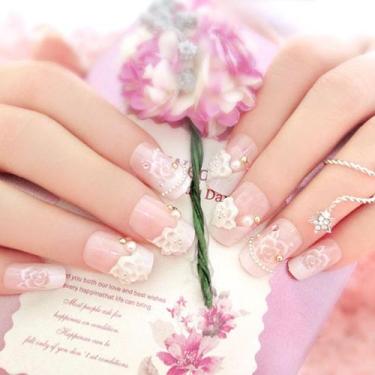 Imagem de Unhas Postiças Curtas Pérolas brancas e rosas Para As Mãos - RECANTOAS