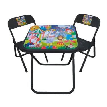 Imagem de Conjunto Mesa Mesinha Infantil e 2 Cadeiras Dobrável Até 40 Kg Preto E
