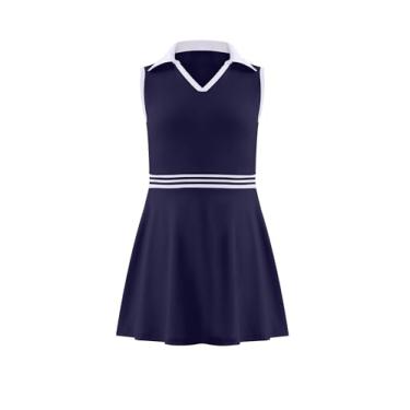 Imagem de Kukume Vestido de tênis para meninas, vestido de golfe, sem mangas, atlético, gola V, saia esportiva com bolsos 4-13 anos, Azul marinho, 4-5 Anos