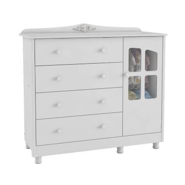 Imagem de Cômoda De Bebê 1 Porta Com Janela E 4 Gavetas Elô New Móveis Peroba Branco Brilho Branco Brilho