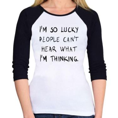 Imagem de Baby Look Raglan I'm so Lucky  Manga 3/4 - Foca na Moda, Branco, Preto