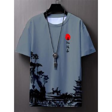 Imagem de Camiseta Oriental Masculino Japão Por Do Sol Premium - Fábrica, Cinza,
