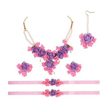 Imagem de Efulgenz Conjunto de joias de flores para casamento, colar com contas de pérolas falsas, colar floral indiano, feito à mão, Maangtikka, conjunto de pulseiras, joias para noivas Haldi Mehandi para chá de bebê para mulheres noivas, Cobre
