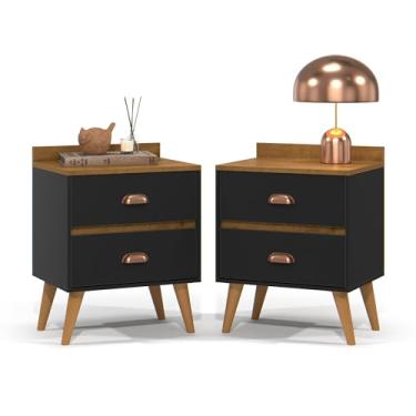 Imagem de KIT 2 Mesas De Cabeceira Madero Decoração Criado Quarto Retro 2 Gaveta - Quality Móveis (Preto/Nature)