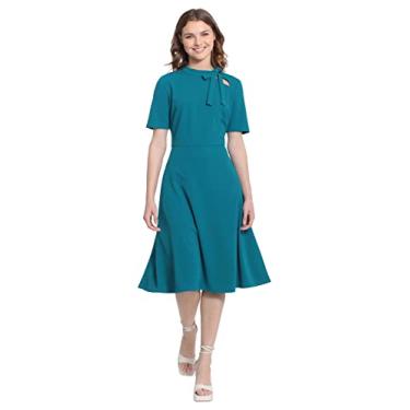 Imagem de Maggy London Vestido feminino de crepe com ajuste de manga curta e flare, Gola amarrada - profundidade do oceano, 40