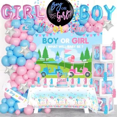 Imagem de Fiesec Decorações de revelação de gênero de golfe, decoração de festa revelada de gênero de bebê ou menina, putters de taco de golfe, pano de fundo, balão, banner, caixa de toalha de mesa, faixa para