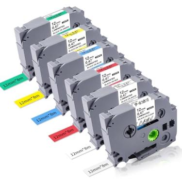 Imagem de Pacote com 6 fitas de substituição TZ de 12 mm para máquina de etiquetas Brother Ptouch TZe131 TZe-231 431 531 631 731 12 mm 1,2 cm laminado transparente, branco, vermelho, azul, amarelo, verde, para Brother Ptouch PTD400 PTD210 PTH110