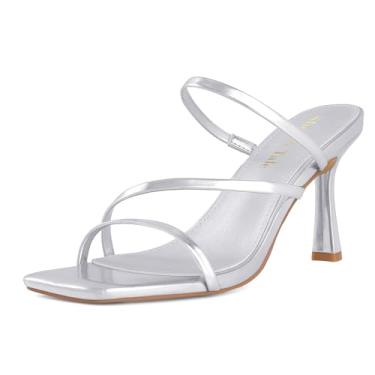 Imagem de Shoe'N Tale Sandálias femininas salto gatinho com tiras stiletto mules bico aberto quadrado sem cadarço, Poliuretano prateado, 39