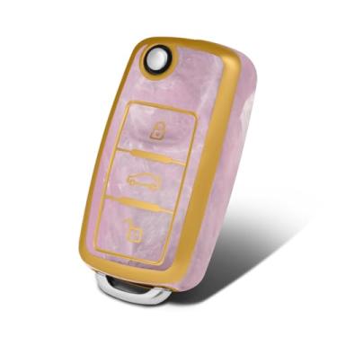 Imagem de WORCAS Capa de chaveiro VW com 3 botões, capa de chaveiro TPU macio premium compatível com Volkswagen Jetta Golf Polo MK8 Passat Tiguan Beetle (padrão pêssego)