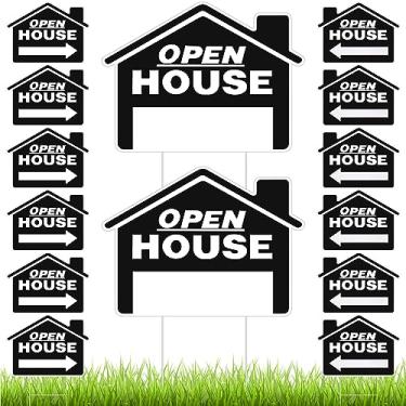 Imagem de Pinkunn 14 peças placas de casa aberta 45,7 x 35,5 cm, resistentes e à prova d'água, com estacas H, em preto e branco, elegantes e práticas para agentes imobiliários e venda de casas
