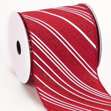 Imagem de PAPER FAIR Fita com fio de Natal de bastão de doces de 4 polegadas para artesanato de guirlanda, 4 '' x 10 jardas (30 pés), faixa de glitter vermelha, fita de serapilheira, fita de Natal ext