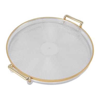 Imagem de Bandeja Redonda Com Borda Dourada Com Alça Dourada, Bandeja Plástica Decorativa para Sala de Estar, Banheiro, Cozinha, Bandeja para Festa, Mesa de Centro, Display (Transparente)