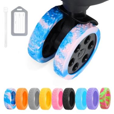 Imagem de DIGIGRE Capas de roda de bagagem, 8 peças de silicone para rodas giratórias de 5 a 6,6 cm, resistentes ao desgaste, antiruído para bagagem, malas ou rodas de cadeira de escritório, Azul + rosa, 0.58