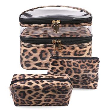 Imagem de FITINI 3 peças de bolsas de maquiagem de camada dupla para viagem grandes estojos de cosméticos organizadores bolsas de higiene pessoal à prova d'água pequena bolsa com zíper para mulheres bolsa de armazenamento de pincéis de maquiagem, Leopardo, Macio