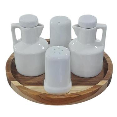 Imagem de Kit Galheteiro 5 peças Azeite, Vinagre, Sal e Paliteiro - Porcelana - 
