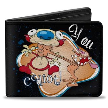 Imagem de Ren and Stimpy Carteira masculina de poliuretano dobrável com fivela - Ren Choking Stimpy You Eediot! Carteira dobrável bi-colorida, 4 x 3,5 EUA, Multicor, 4.0" x 3.5"