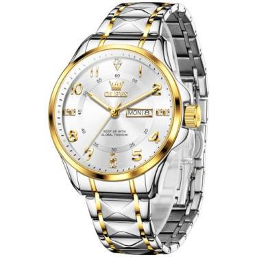 Imagem de OLEVS Relógios de luxo masculinos de aço inoxidável com data, clássico, mostrador grande, à prova d'água, luminoso, masculino, relógio masculino reloj para Hombre (branco/dourado/preto//azul