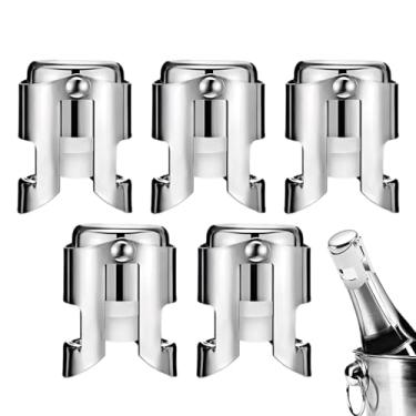 Imagem de BovcTrraann Rolhas de champanhe com aço inoxidável, protetor de champanhe com silicone de grau alimentício à prova de vazamento, adequado para champanhe, cava, prosecco, vinho espumante (pacote com 5)