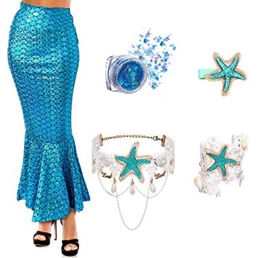 Imagem de 5 Pcs Mermaid Costume for Women Party Supplies Sea Star Hair Clip Necklace Mermaid Sequins Shiny Skirt Armband(Medium)