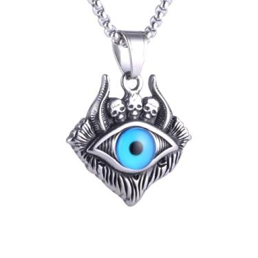 Imagem de Colar masculino e feminino punk hip hop crânio rock olho do diabo (olho de Deus) colar com pingente de contas de resina azul, aço inoxidável 316L, corrente de pérola quadrada de aço inoxidável prata,