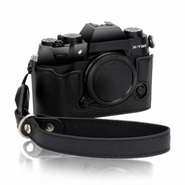 Imagem de Bowan Capa para câmera X-T50, capa de couro genuíno feita à mão para câmera Fujifilm X-T50 versão de abertura inferior + alça de mão (preto)