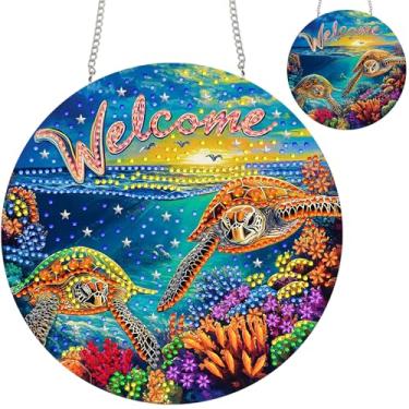Imagem de Zariocy Kits de enfeites de arte de diamante para pendurar tartarugas marinhas para adultos – Pingente de cristal especial de dupla face, pintura de diamante animal, pingentes de janela de acrílico,