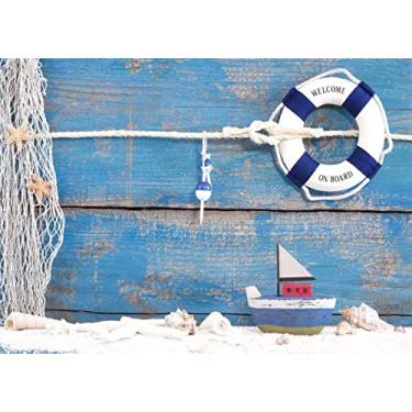 Imagem de BELECO Tecido de 2,7 x 1,8 m, boia salva-vidas, brinquedo barco, conchas do mar, rede de pesca, fundo azul de madeira, pano de fundo de foto, pano de fundo, chá de bebê, festa de aniversário, sessão de fotos, adereços de fotos infantis