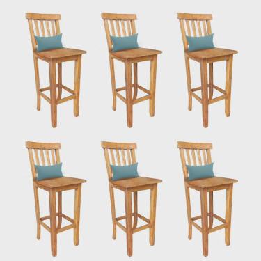 Imagem de Kit 06 Banqueta Alta Com Encosto Wood Madeira Maciça Peroba Rosa Com Almofada Suede Azul Turquesa - Ahz Móveis